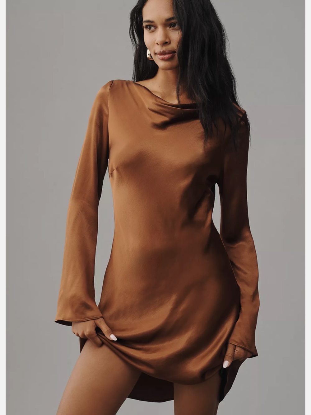 Anthropologie Bronze Satin Long-Sleeve Mini Dress